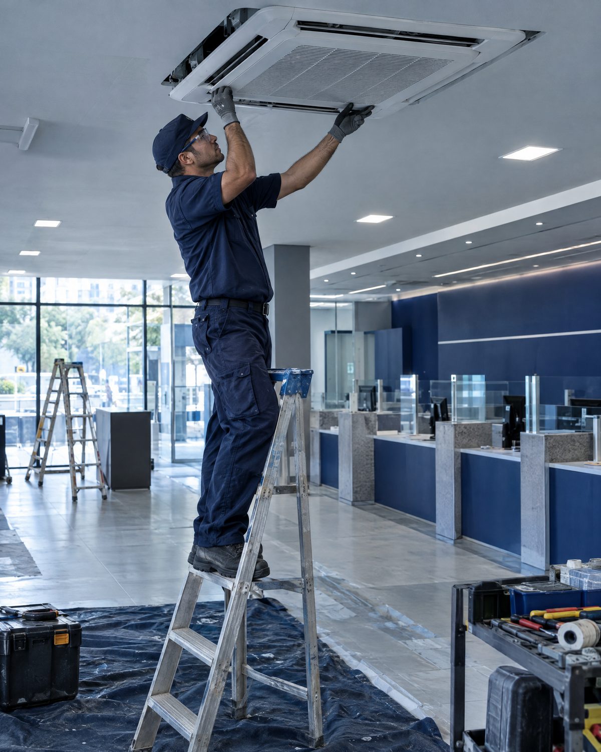 Técnico instalando ar-condicionado no forro da agência