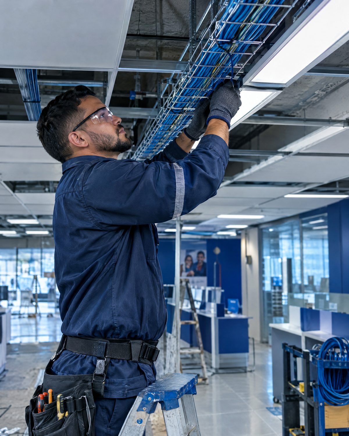Técnico instalando cabeamento e iluminação no forro da agência