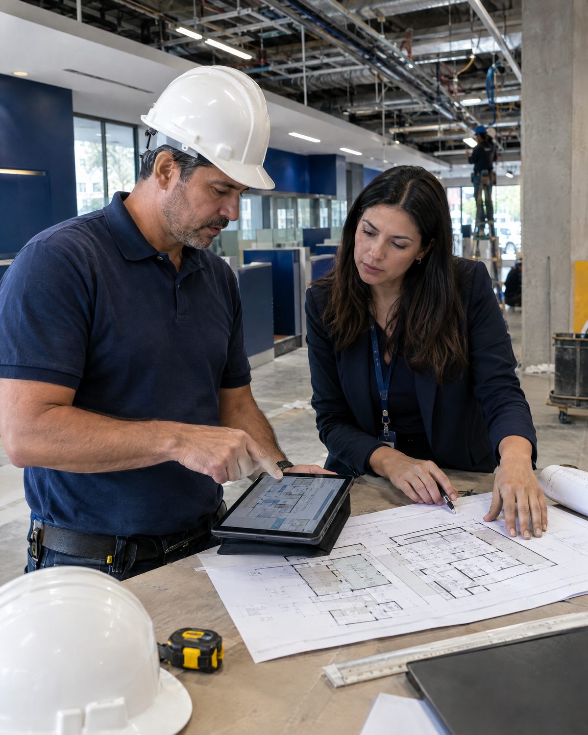 Engenheiro e gestora revisando a planta da agência durante a obra